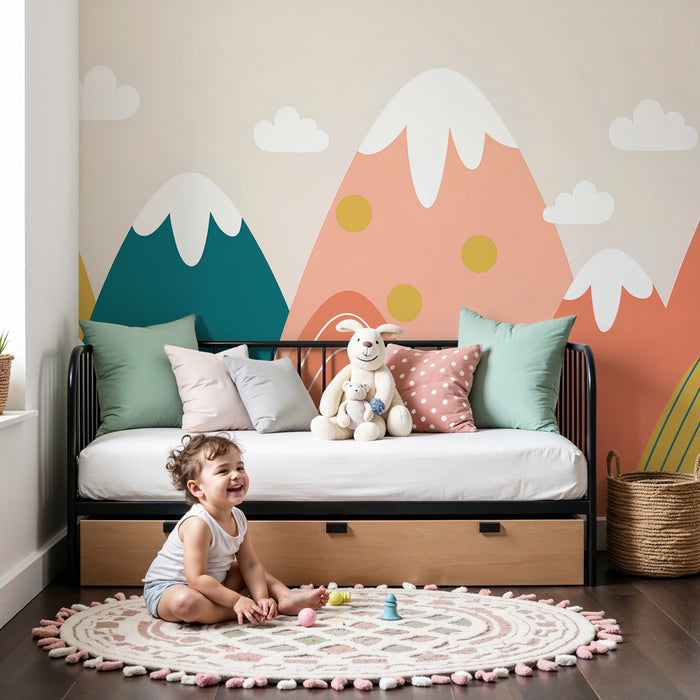 Kinderzimmer Tapete | Bunte Berge und weiche Wolken