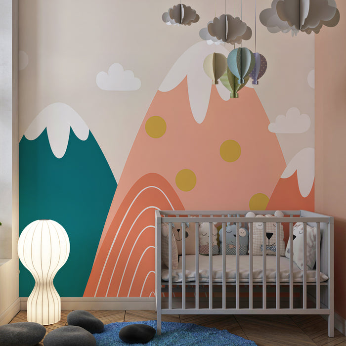 Kinderzimmer Tapete | Bunte Berge und weiche Wolken