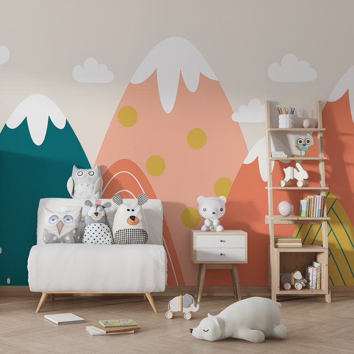 Kinderzimmer Tapete | Bunte Berge und weiche Wolken