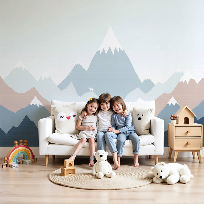 Børneværelse tapet | Bløde pastelfarvede bjerge med dyr