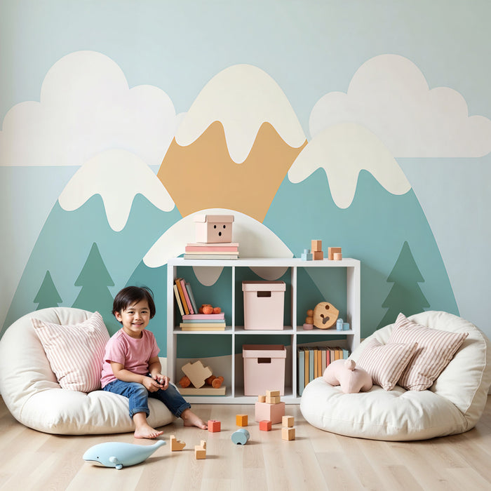 Kinderzimmer Tapete | Sanfte Berge und flauschige Wolken