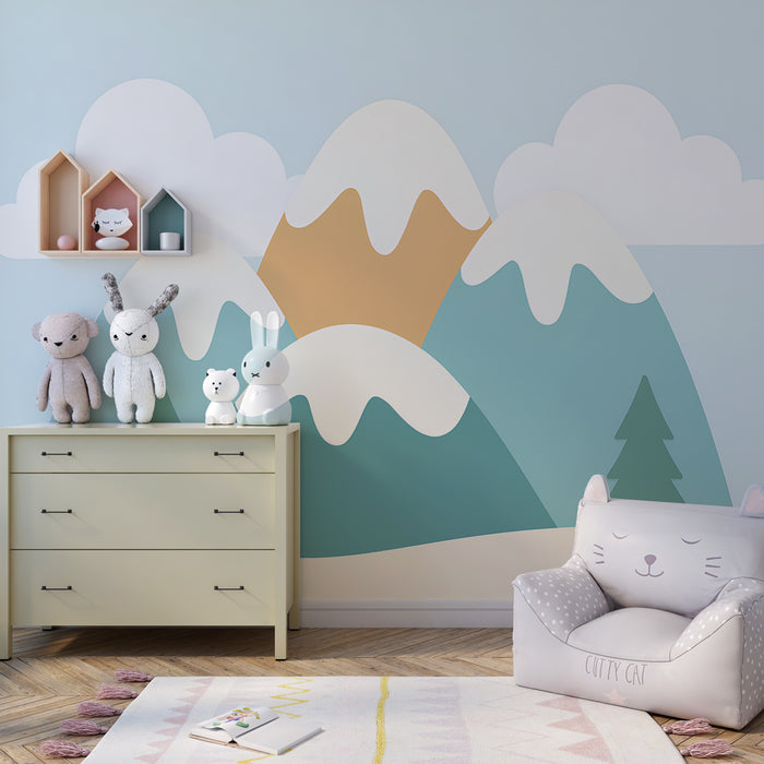 Kinderzimmer Tapete | Sanfte Berge und flauschige Wolken