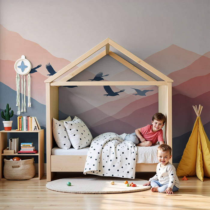 Papier peint chambre enfant | Montagnes douces et oiseaux en vol