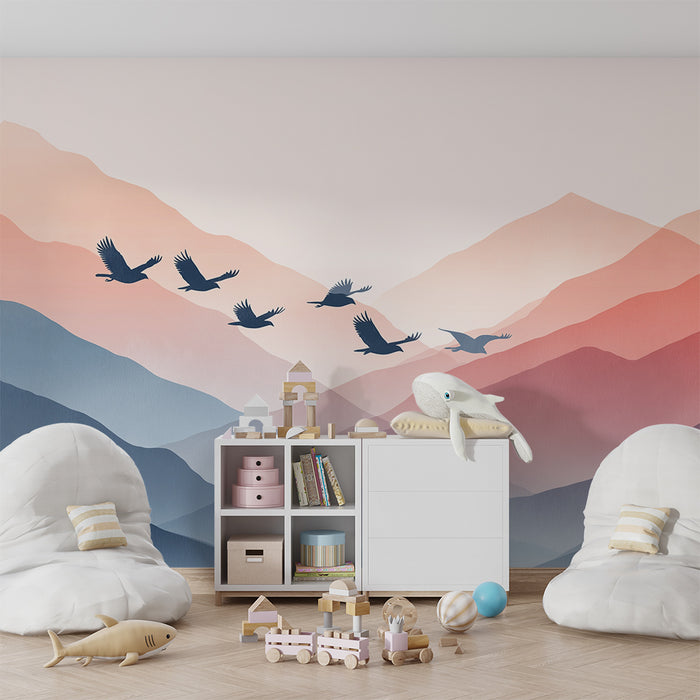Papier peint chambre enfant | Montagnes douces et oiseaux en vol