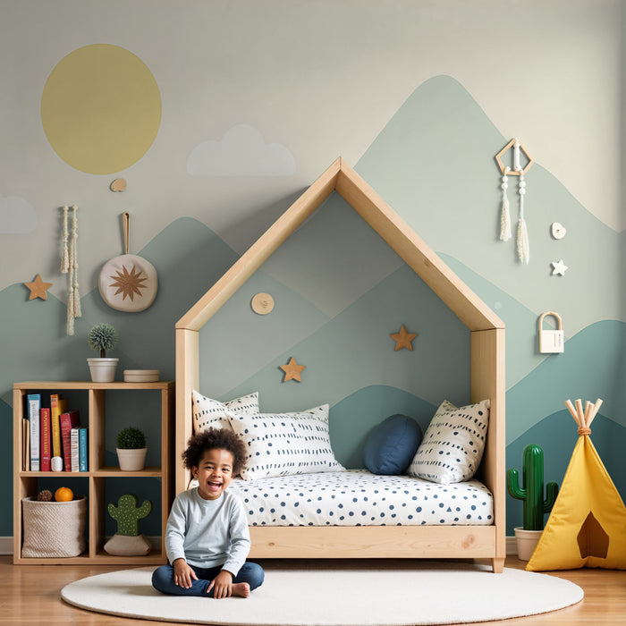 Papier peint chambre enfant | Montagnes douces et soleil apaisant