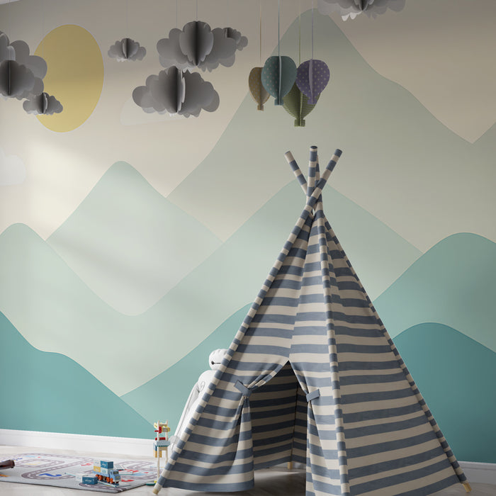 Papier peint chambre enfant | Montagnes douces et soleil apaisant