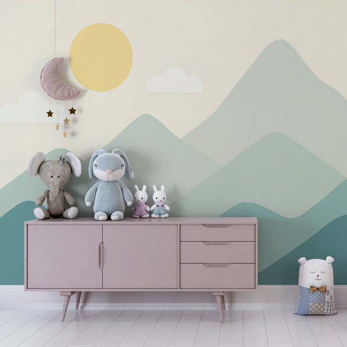 Papier peint chambre enfant | Montagnes douces et soleil apaisant