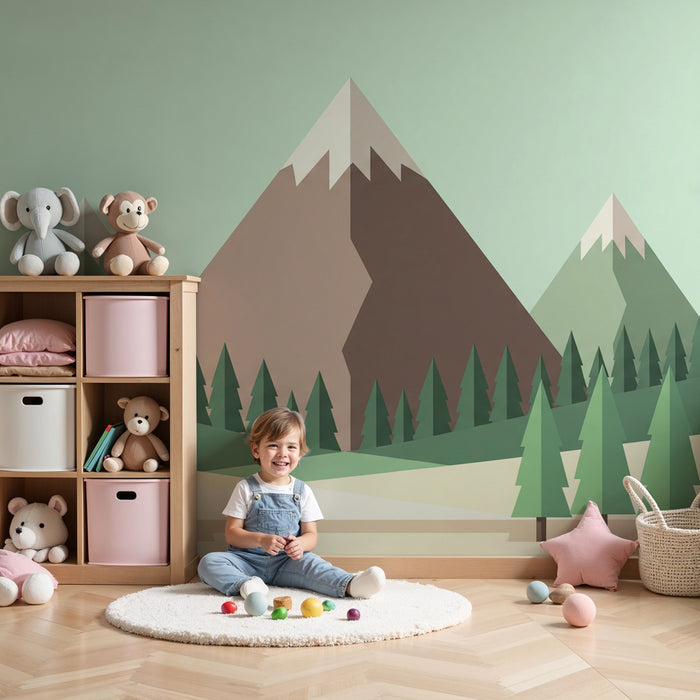 Kinderkamer behang | Rustgevende geometrische bergen en bossen