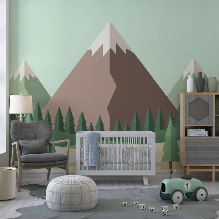 Kinderkamer behang | Rustgevende geometrische bergen en bossen