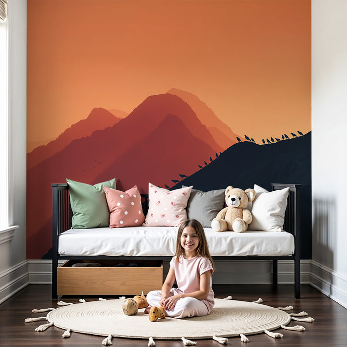 Papel pintado infantil | Montañas majestuosas al atardecer con siluetas de pájaros