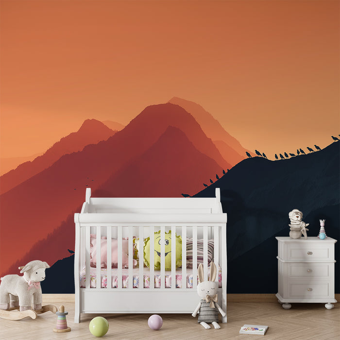Papel pintado infantil | Montañas majestuosas al atardecer con siluetas de pájaros