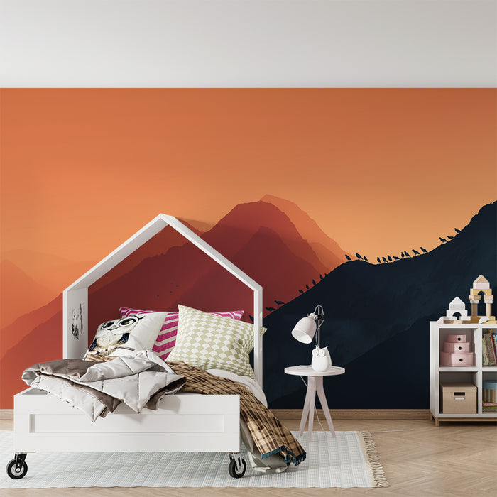 Papel pintado infantil | Montañas majestuosas al atardecer con siluetas de pájaros
