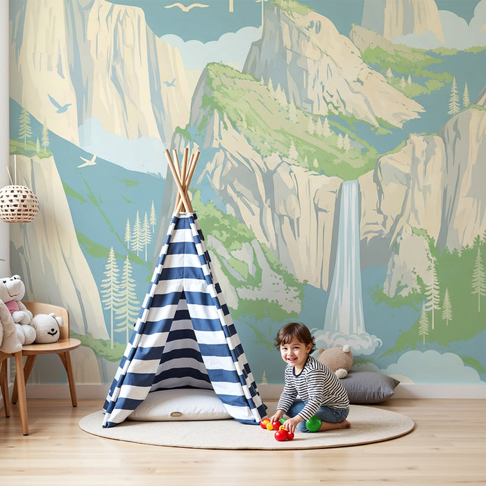 Papel pintado infantil | Montañas majestuosas y cascada relajante