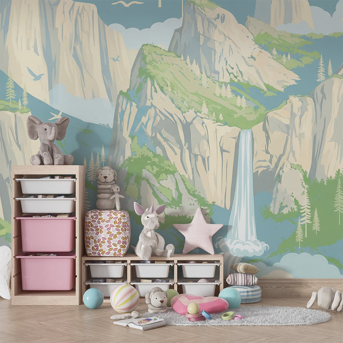 Papel pintado infantil | Montañas majestuosas y cascada relajante
