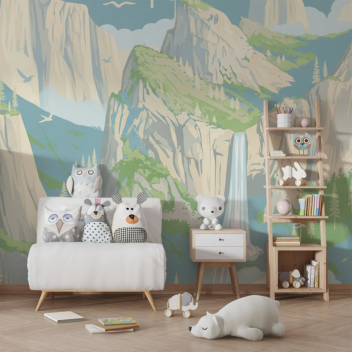 Papel pintado infantil | Montañas majestuosas y cascada relajante