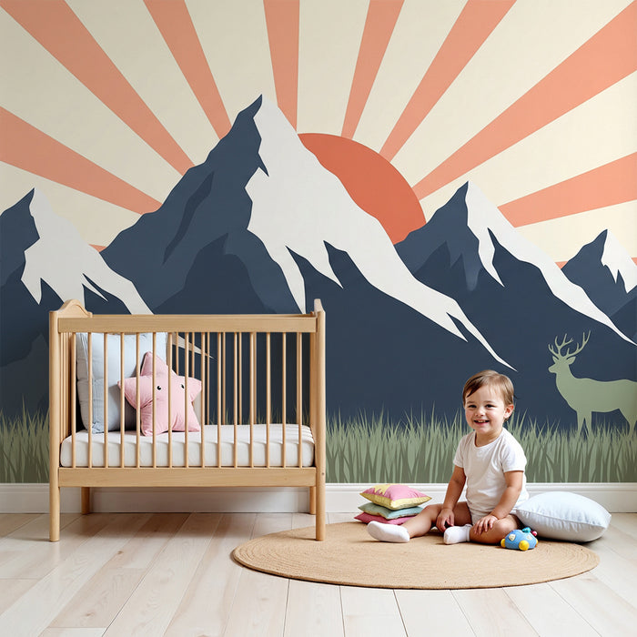 Tapety dla dzieci | Wspaniałe góry i jeleń w słonecznym krajobrazie