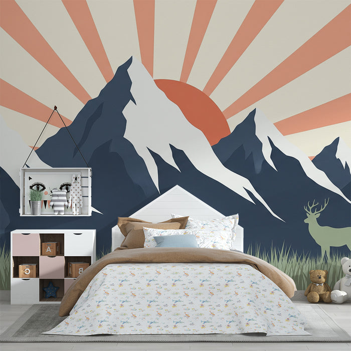 Tapety dla dzieci | Wspaniałe góry i jeleń w słonecznym krajobrazie