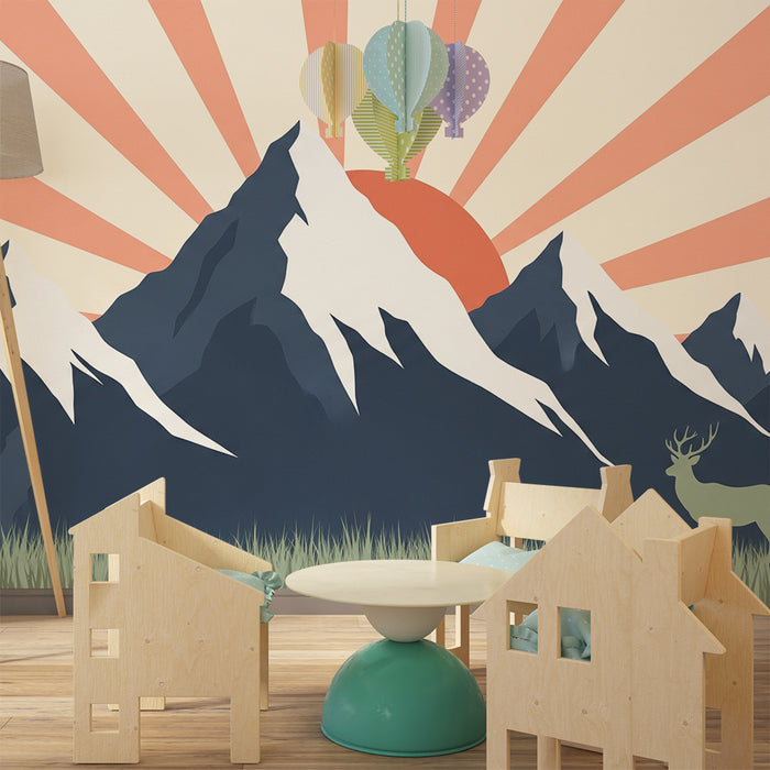 Tapety dla dzieci | Wspaniałe góry i jeleń w słonecznym krajobrazie