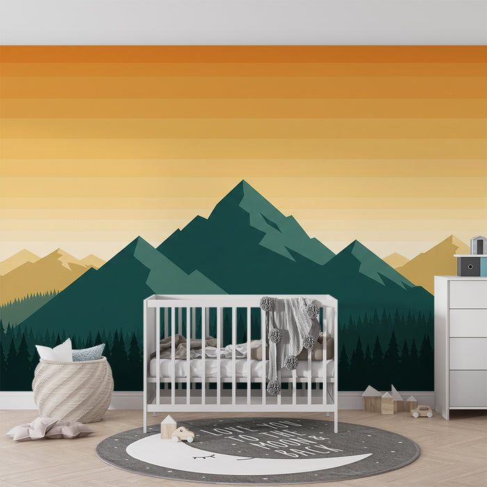Papel pintado infantil | Majestuosas montañas y bosque verde al atardecer