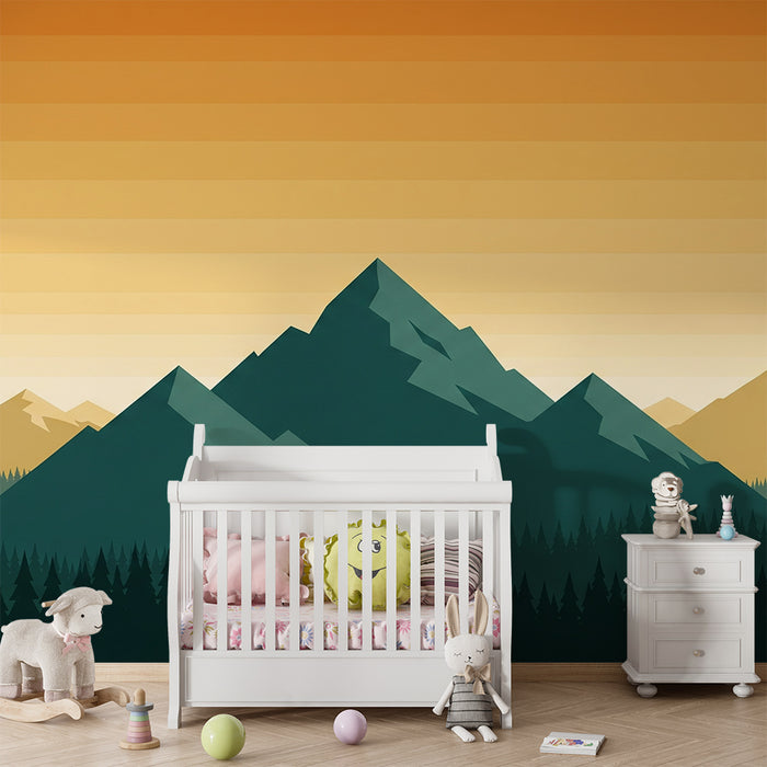 Papel pintado infantil | Majestuosas montañas y bosque verde al atardecer