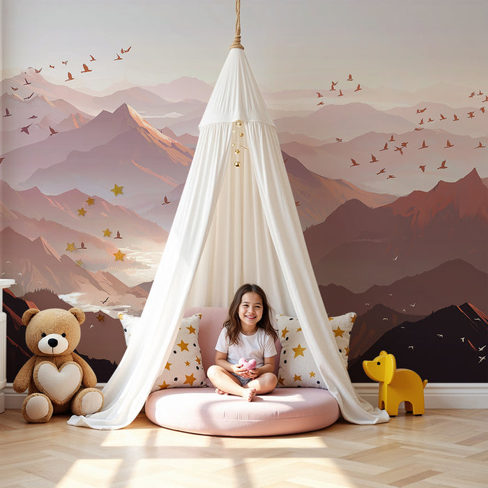 Kids room wallpaper | Majestic mountains and birds flying at dusk