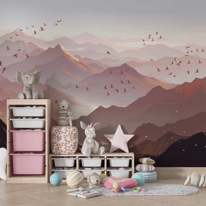 Kids room wallpaper | Majestic mountains and birds flying at dusk