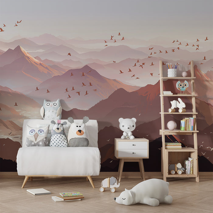 Kids room wallpaper | Majestic mountains and birds flying at dusk