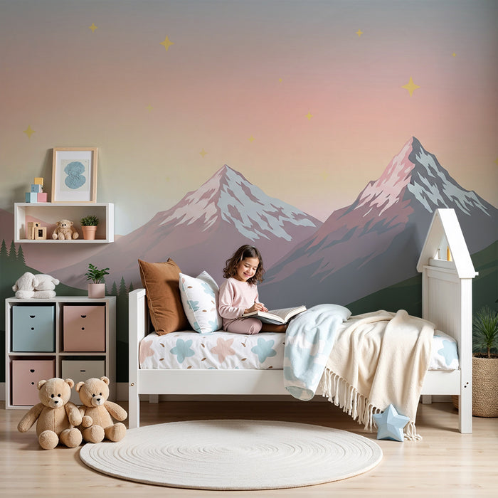 Papel pintado infantil | Montañas majestuosas bajo un cielo estrellado