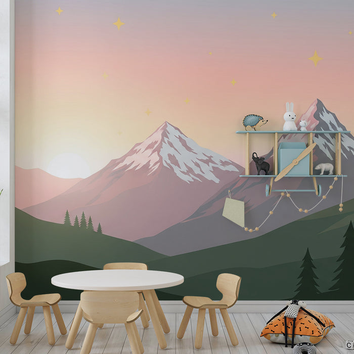 Papel pintado infantil | Montañas majestuosas bajo un cielo estrellado