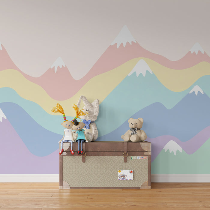 Kids room wallpaper | Pastel mountains rainbow and soft clouds
