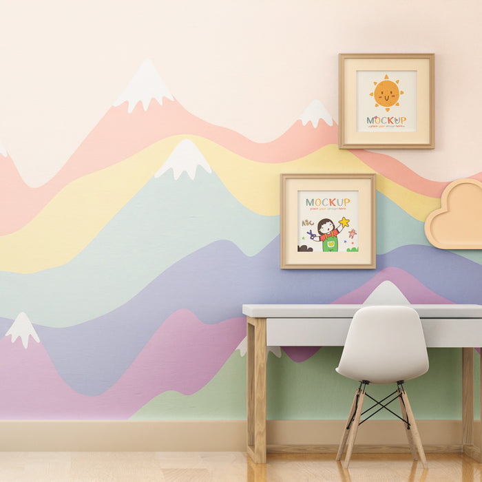 Kids room wallpaper | Pastel mountains rainbow and soft clouds