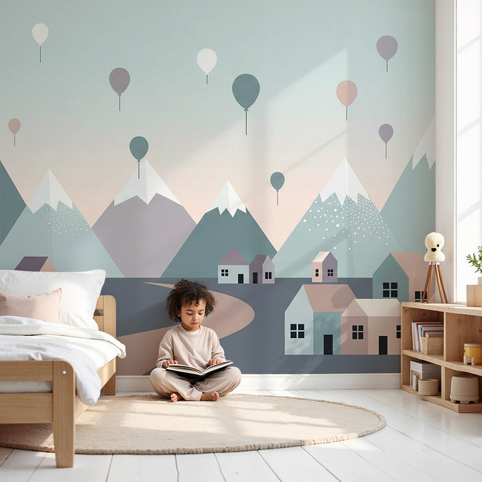 Papel de parede criança | Montanhas pastel e balões flutuantes sobre uma vila