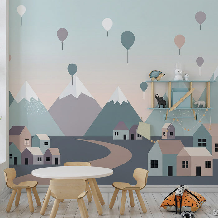 Papel de parede criança | Montanhas pastel e balões flutuantes sobre uma vila