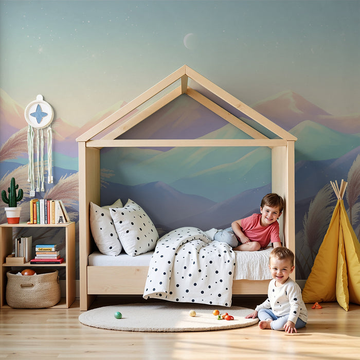 Dětská pokojová tapeta | Pastelové hory a jemné rákosové pole