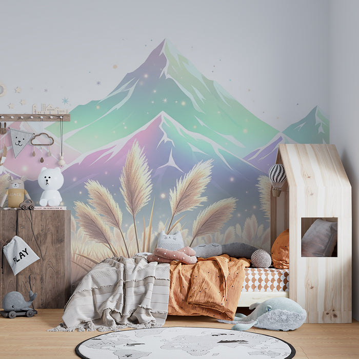Papier de parede dječje sobe | Pastelne planine i zlatna polja pod zvjezdanim nebom