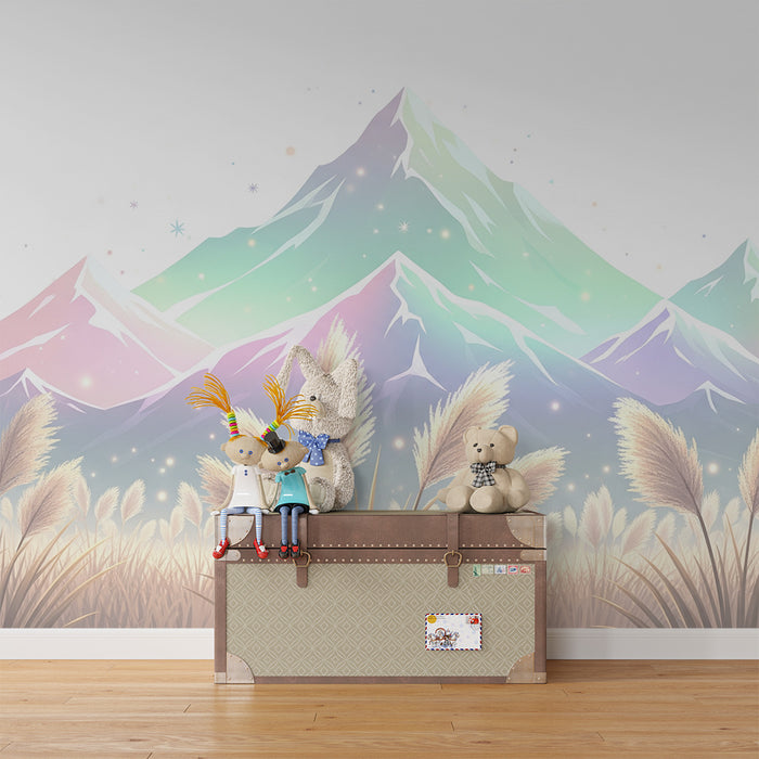 Papier de parede dječje sobe | Pastelne planine i zlatna polja pod zvjezdanim nebom