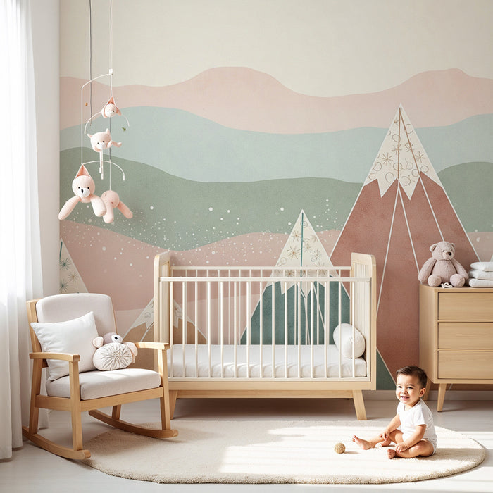 Børneværelse tapet | Pastelfarvede bjerge og beroligende landskaber