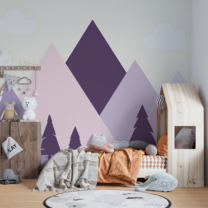 Kinderzimmer Tapete | Pastellberge und Tannen