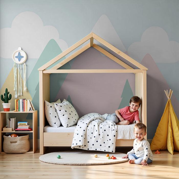 Kinderkamer behang | Schattige pastel bergen en zachte wolken