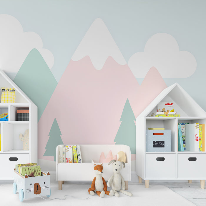 Kinderkamer behang | Schattige pastel bergen en zachte wolken