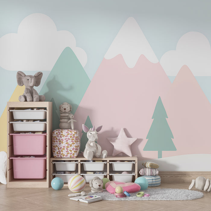Kinderkamer behang | Schattige pastel bergen en zachte wolken