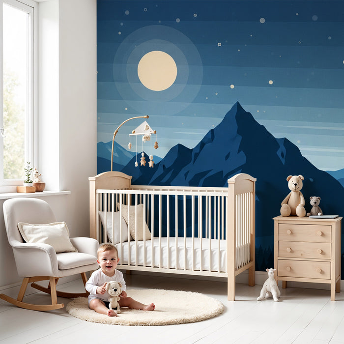 Gyerekszoba tapéta | Hegyek csillagos égbolt alatt ragyogó holdakkal