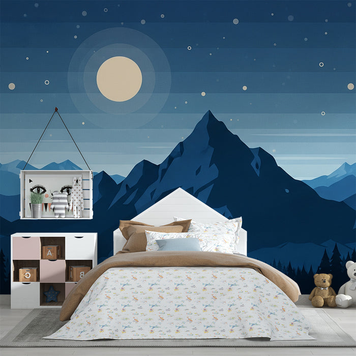 Gyerekszoba tapéta | Hegyek csillagos égbolt alatt ragyogó holdakkal