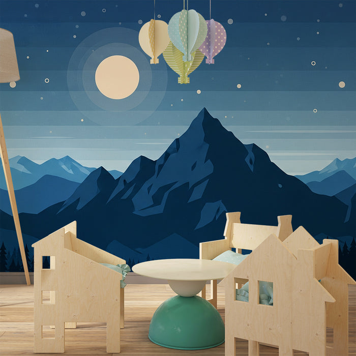 Gyerekszoba tapéta | Hegyek csillagos égbolt alatt ragyogó holdakkal