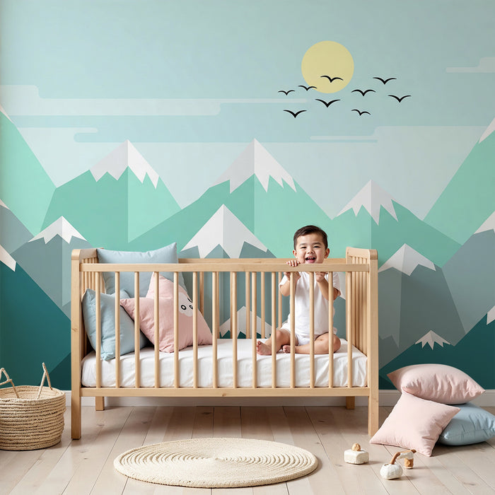 Barntapet | Stiliserade berg med lugnande himmel och sol