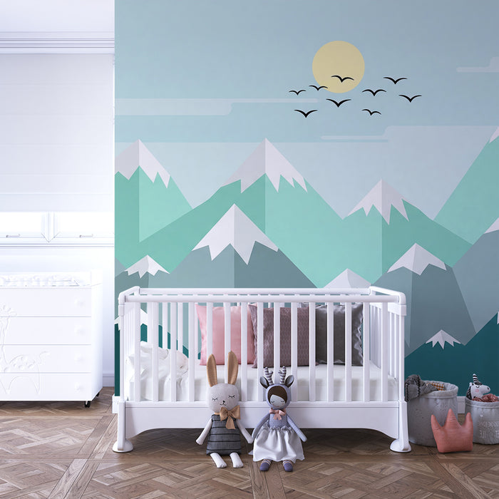 Barntapet | Stiliserade berg med lugnande himmel och sol