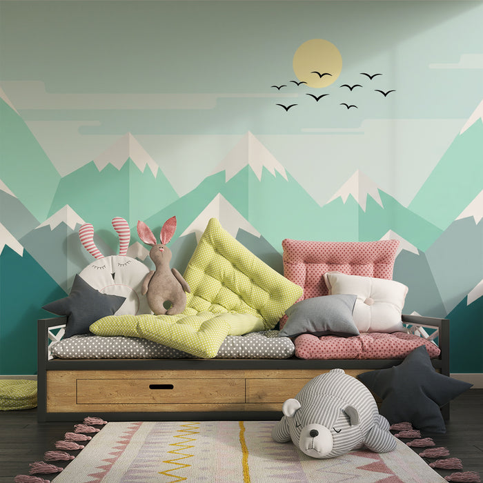 Barntapet | Stiliserade berg med lugnande himmel och sol