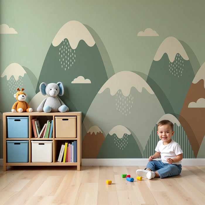 Papel de parede criança | Montanhas estilizadas com tons suaves e nuvens
