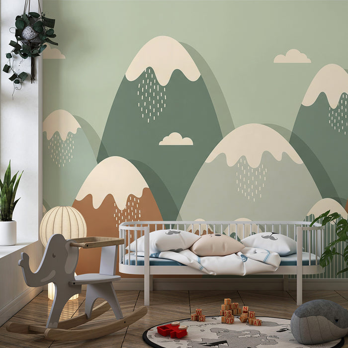 Papel de parede criança | Montanhas estilizadas com tons suaves e nuvens