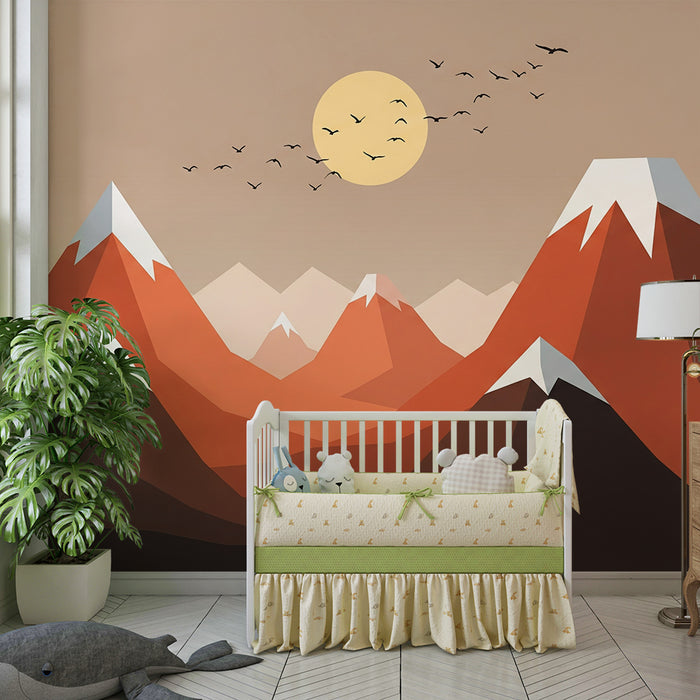 Papel de parede criança | Montanhas estilizadas com um sol dourado e pássaros voando